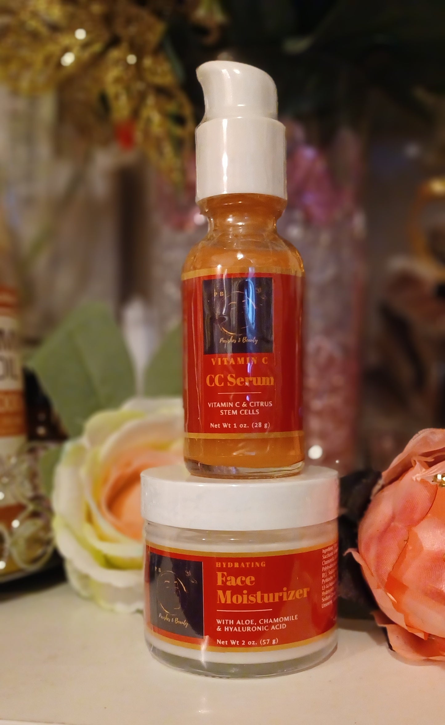 Vitamin C serum for face, with citrus stem cells and moisturizing face cream.